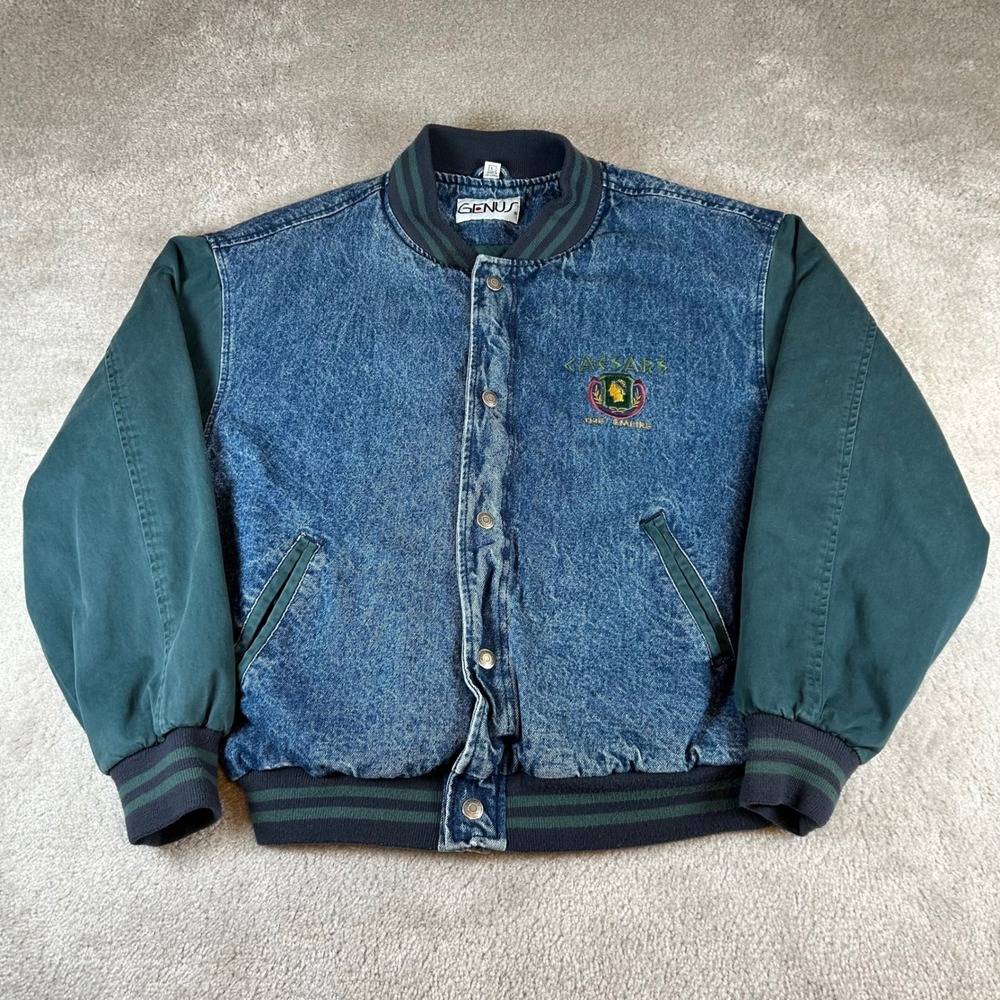 Vintage Caesars Palace Varsity Jacket Mens L Blue Acid Wash Denim Green Sleeve